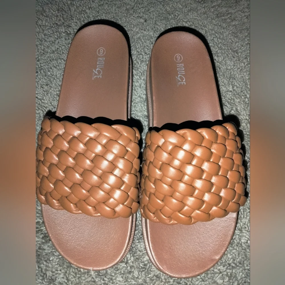 Rouge (Size 9) Camel Brown Faux Leather Braided Weave Platform Slip-on Sandals